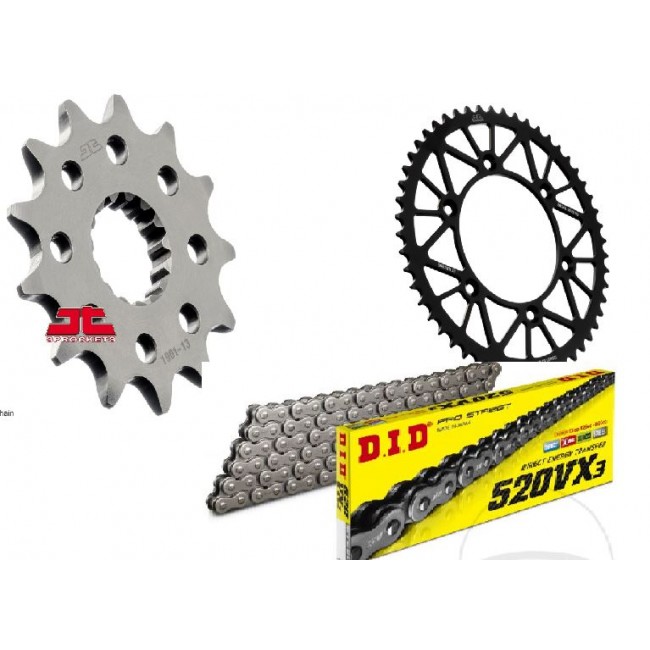 KIT TRANSMISIÓN CORONA DE ALUMINIO + CADENA DID NEGRA CON RETENES + PIÑÓN